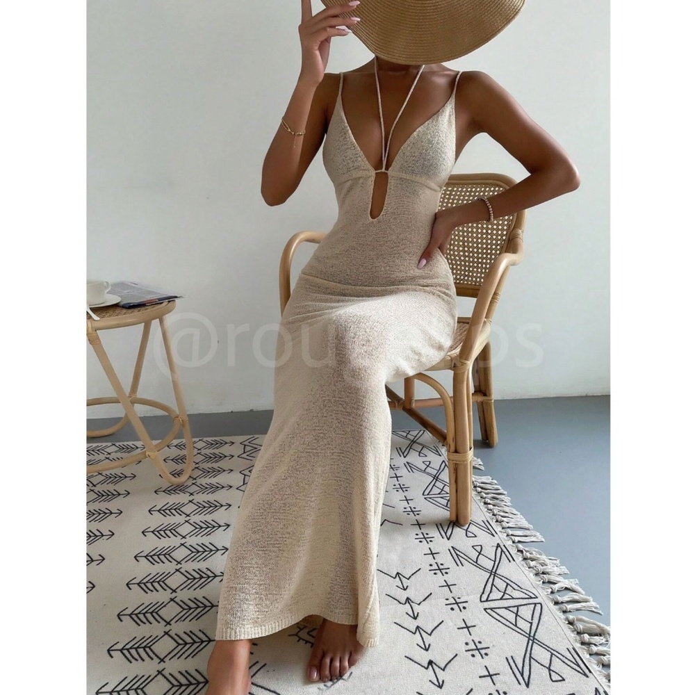 Beige Knit Coverup Dress Tie Straps Long Form Fitting Maxi Deep V-Cut
